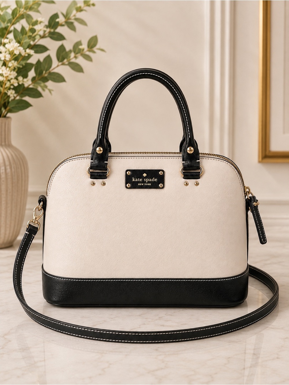 Kate Spade Cream Black Leather Dome Satchel Crossbody Shoulder Bag